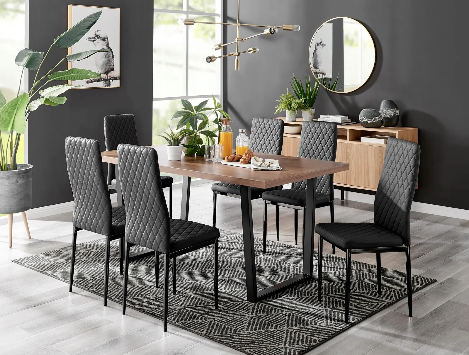 FurnitureboxUK Kylo Large Brown Wood Effect Dining Table & 6 Milan Black Leg Faux Leather Chairs 1