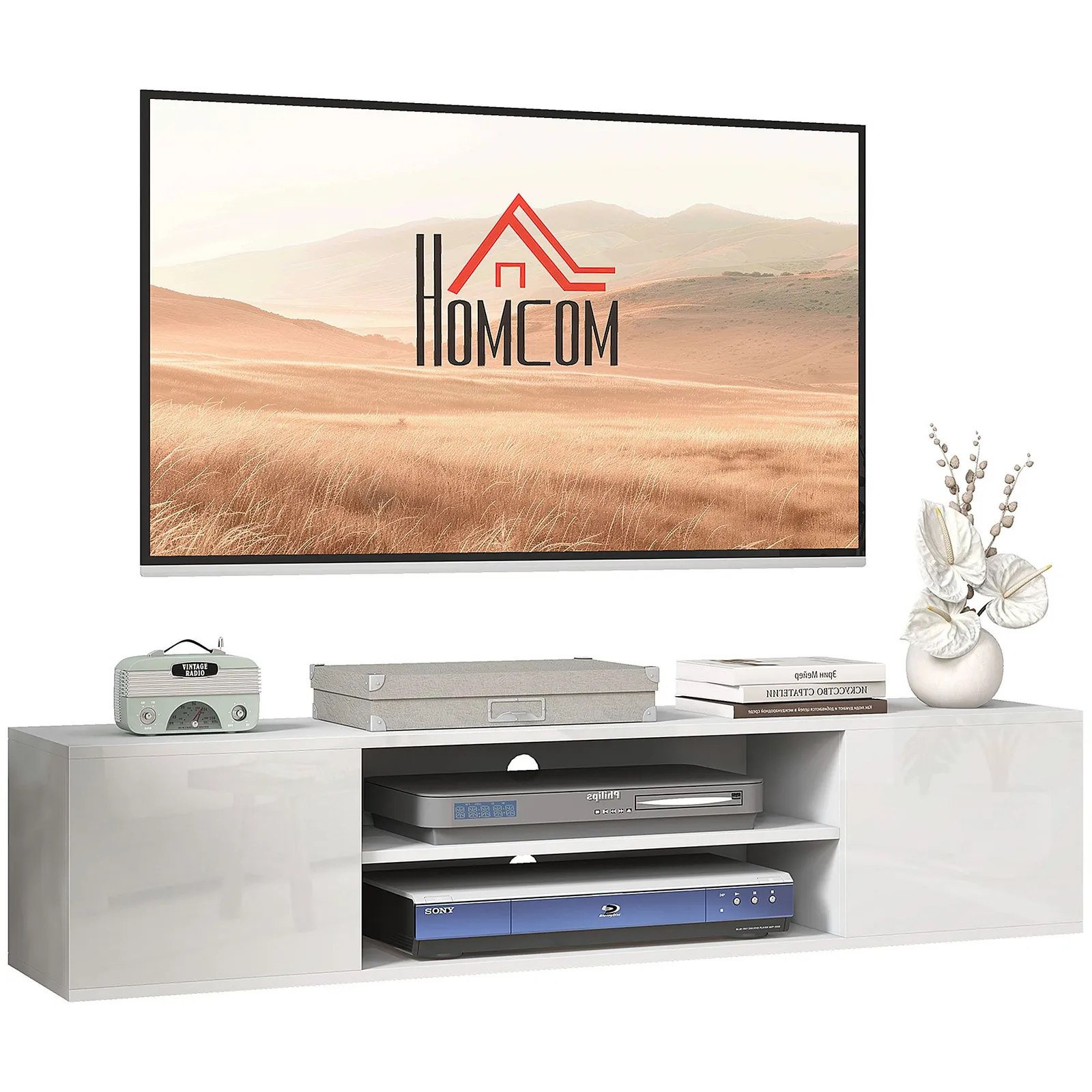 HOMCOM Floating TV Stand Cabinet for 60" TVs W/ Shelves & Cabinets in White 2