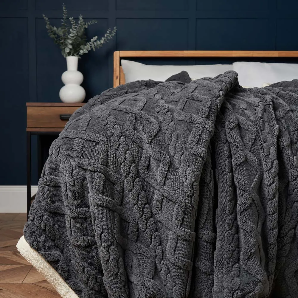 Cable Knit Throw with Sherpa Backing, Charcoal 1