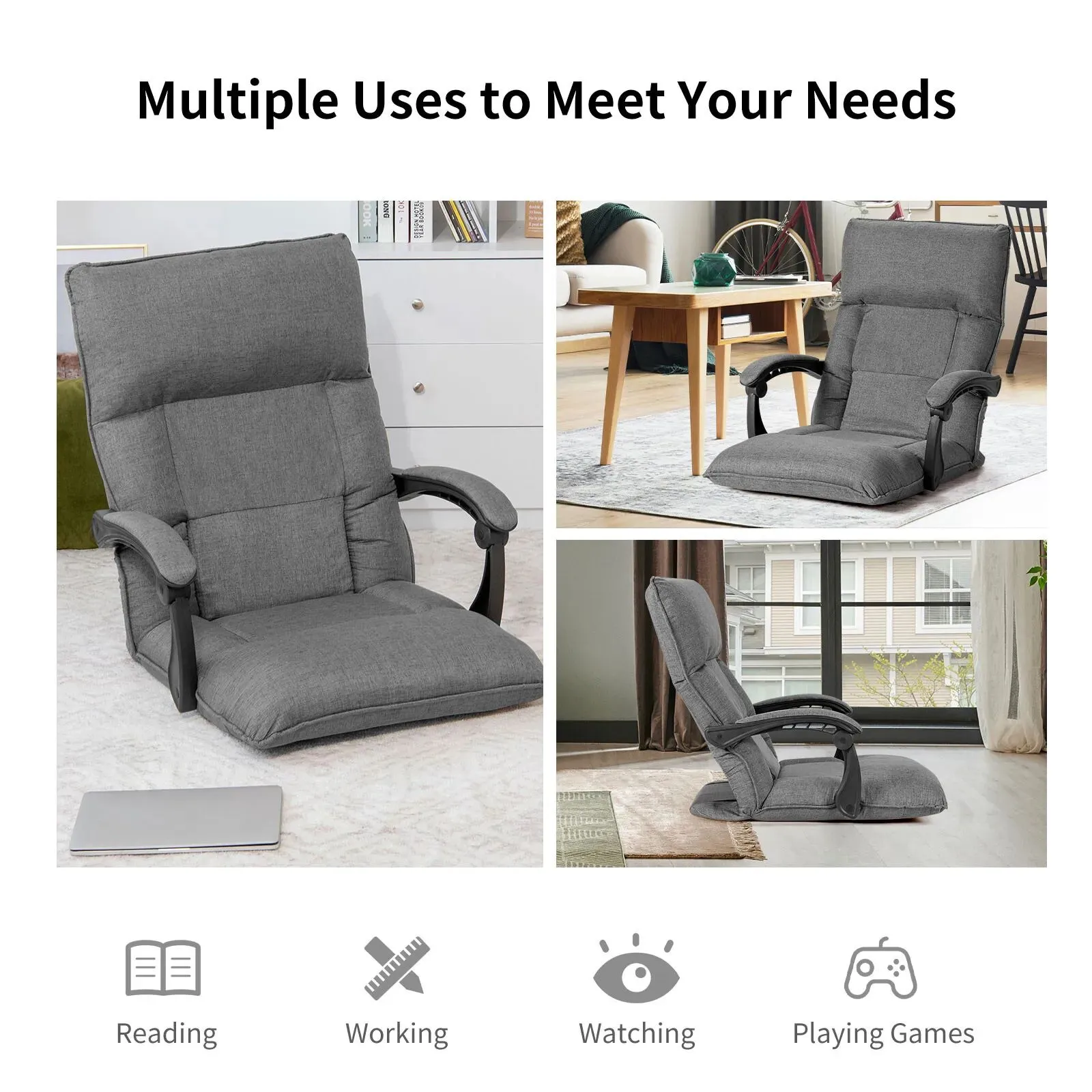 Costway Adjustable Floor Chair Gaming Floor Chair Lazy Sofa W/ Linkage Armrest in Grey 6