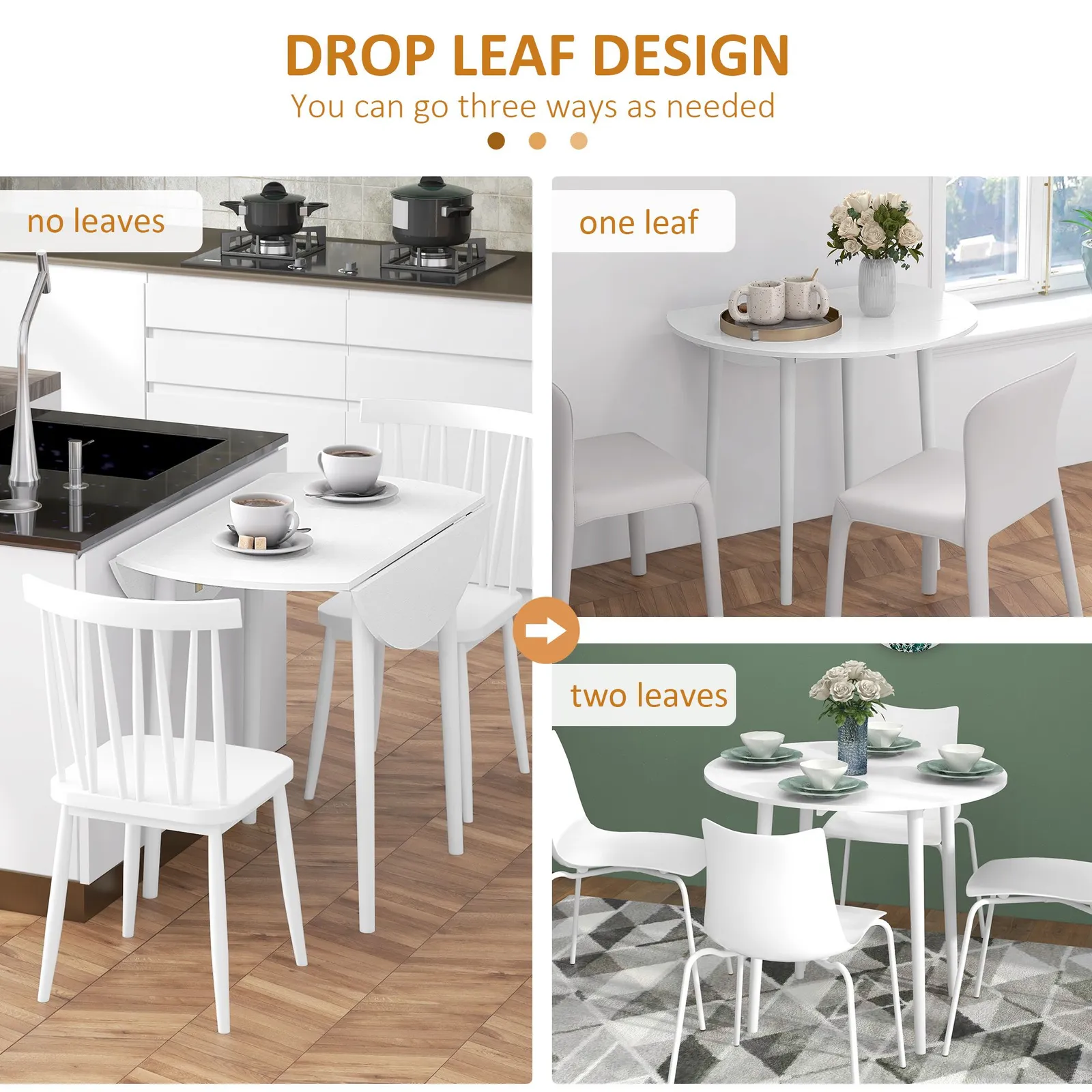 HOMCOM Folding Dining Table for 4, Round Drop Leaf Table, Modern Space Saving Small Kitchen Table with Wood Legs for Dining Room in White 4