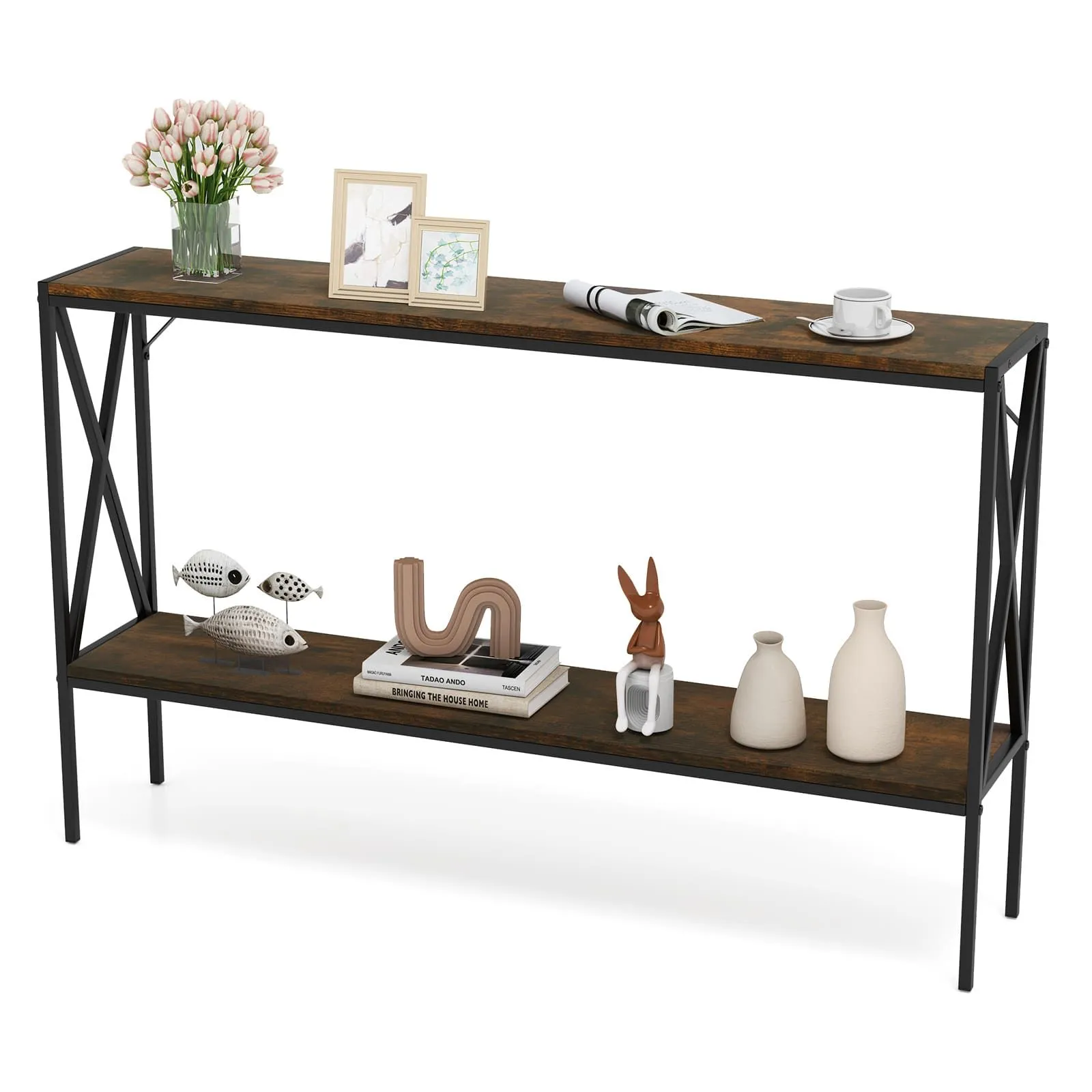 Costway Industrial Console Table 2-Tier Narrow Sofa Table Behind Couch in Brown 2