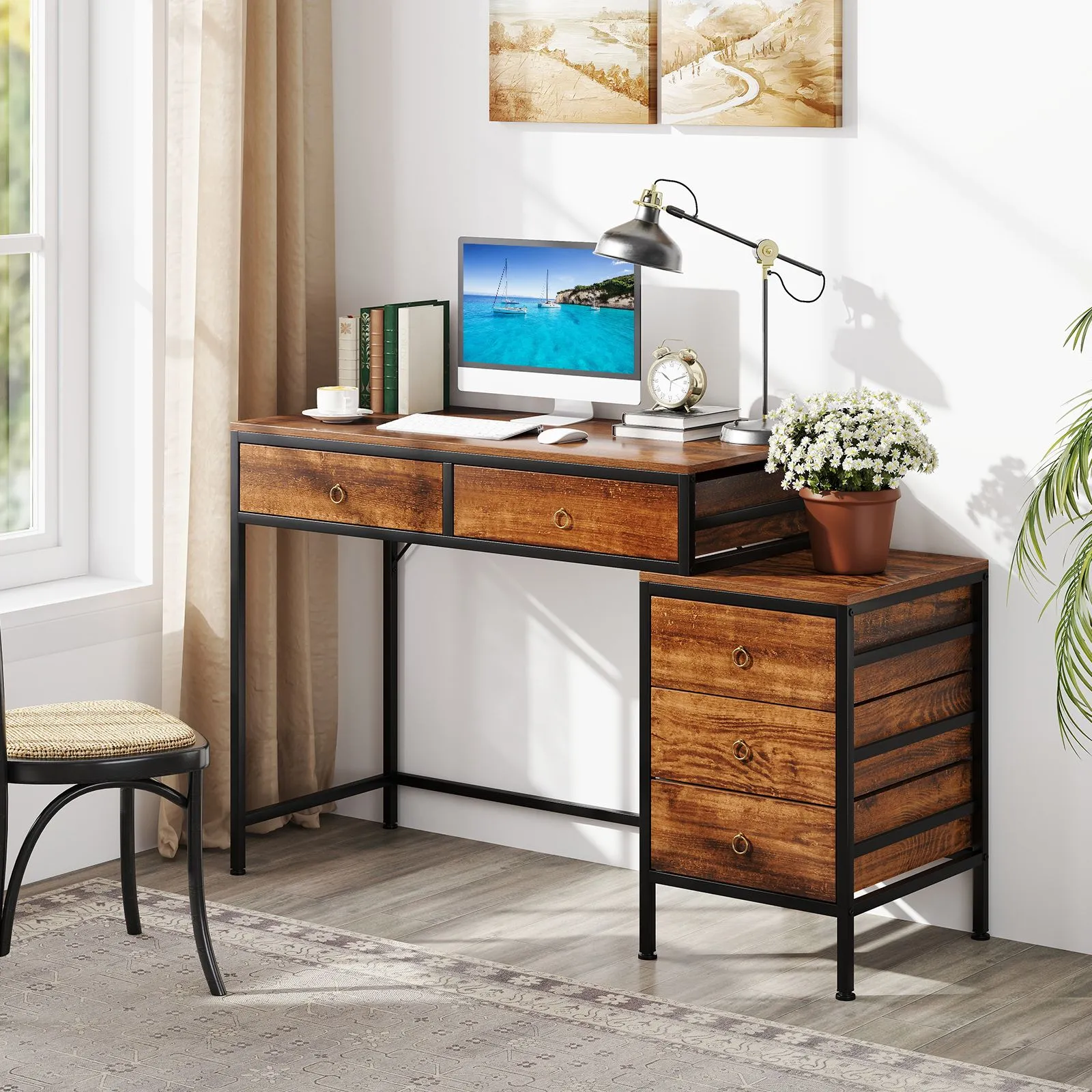 Costway Computer Desk Home Office Desk w/ Side File Cabinet & 5 Drawers in Brown 3