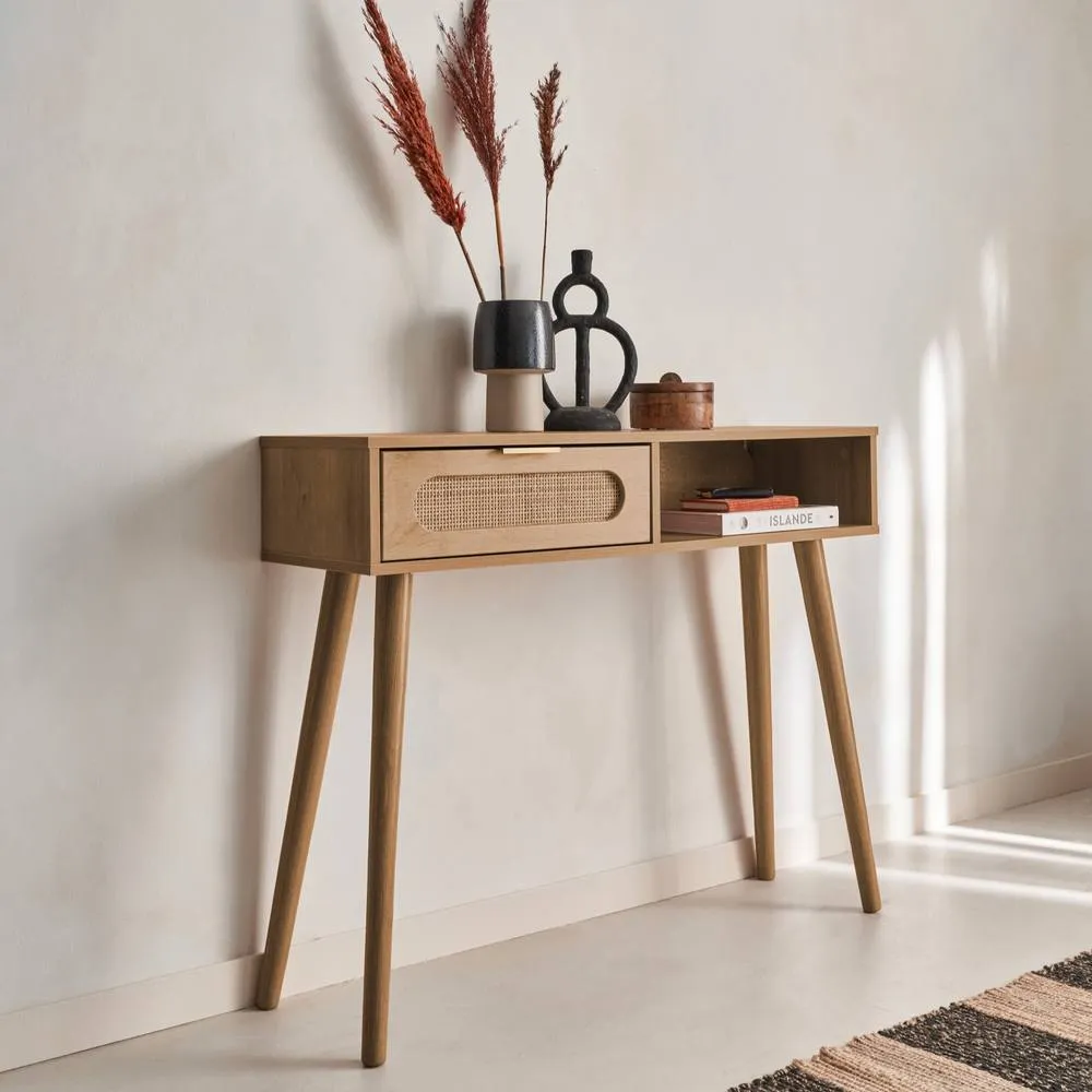 sweeek 100cm Wood & Cane Rattan Console Table in Light Brown 6