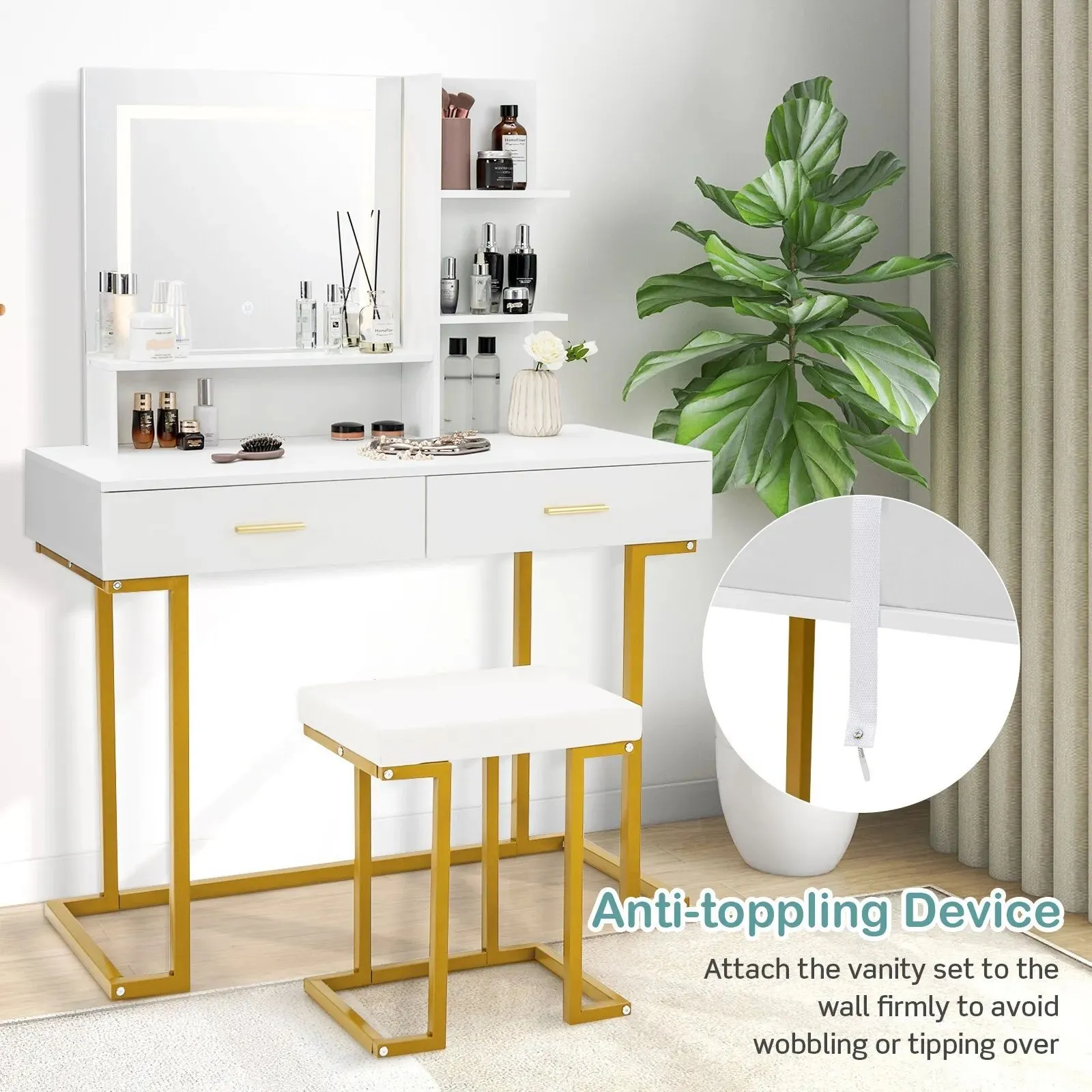 Costway Vanity Table Set Makeup Dressing Table with Cushioned Stool W/ Large LED Mirror in White 5