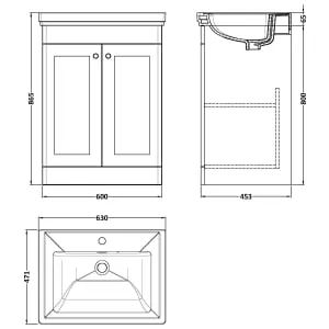 Classique Satin White Floor Standing 2-Door Vanity & Basin 1 Tap Hole - 865 x 630mm 2