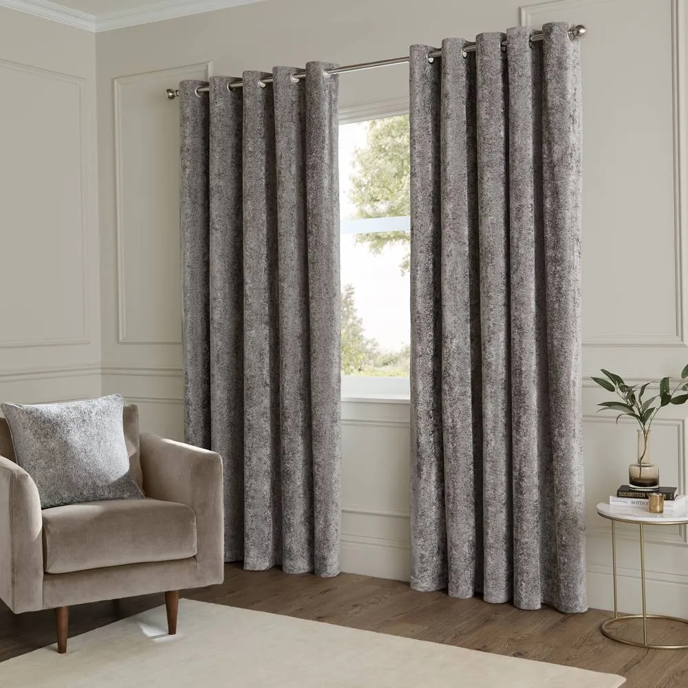 Paoletti Lustre Velvet Fully Lined Eyelet Curtain Pair in Grey 2