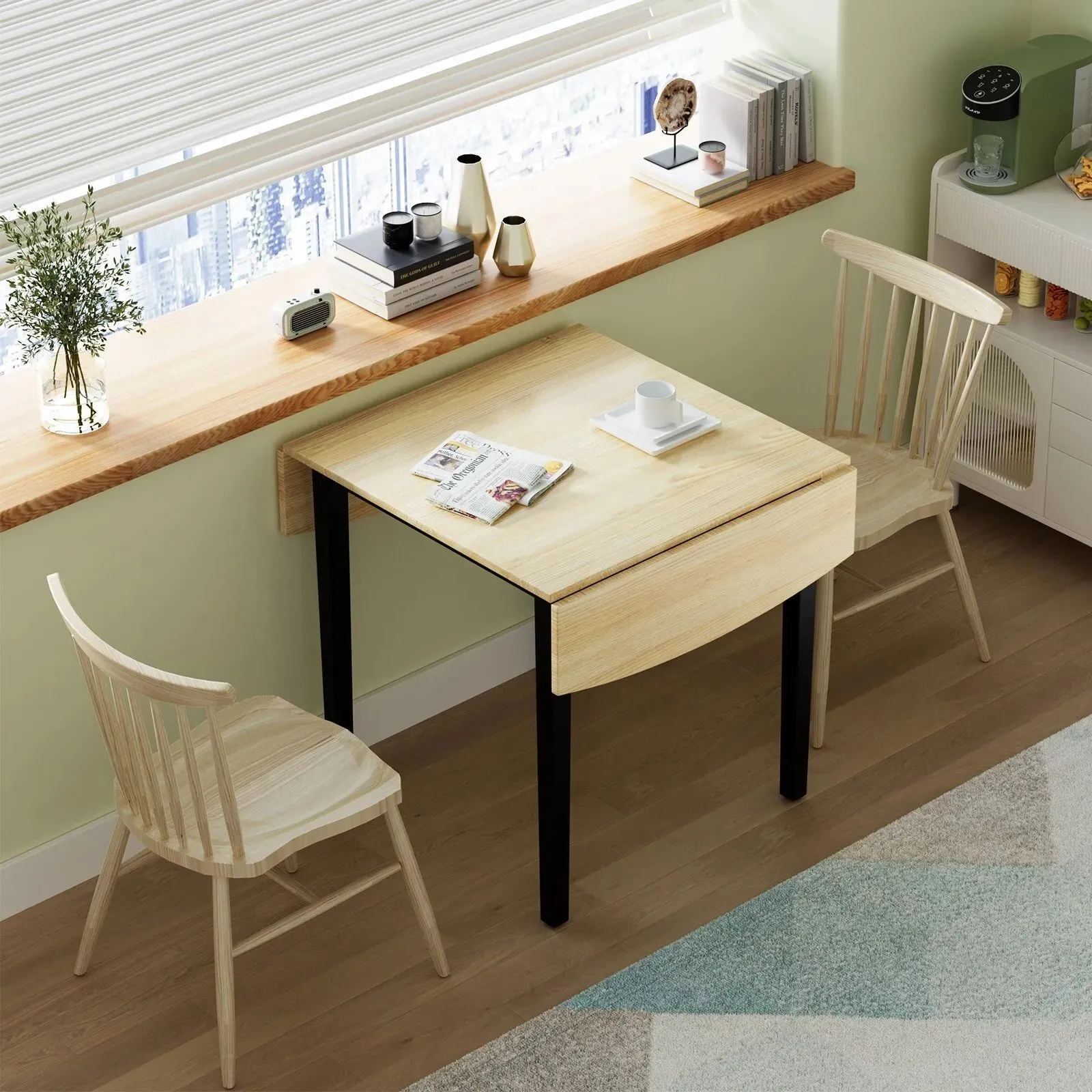 Costway Folding Dining Table Drop Leaf Tables Home Wood Kitchen Table with Foot Pad in Natural 3