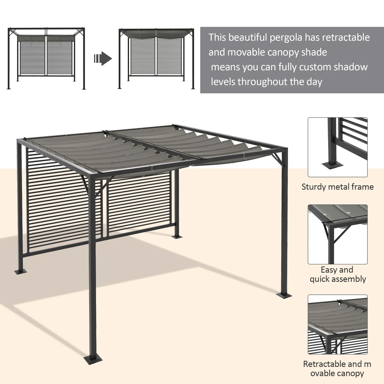 OUTSUNNY Metal Pergola Patio Sun Shelter Grape Tent Retractable Canopy UV Cut in Grey 4