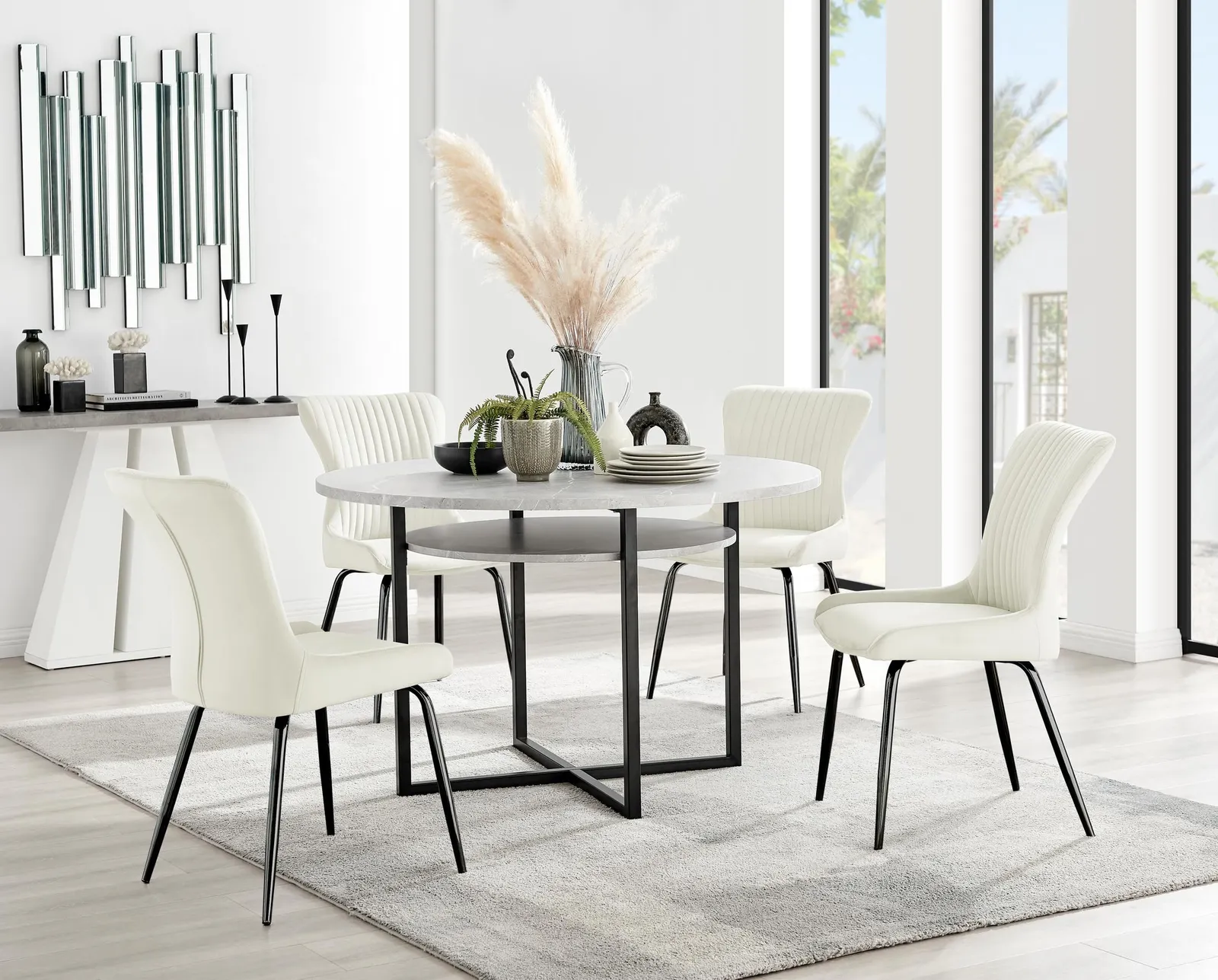 FurnitureboxUK Adley Grey Concrete Effect Round Dining Table & 4 Nora Black Leg Velvet Chairs in Cream 1