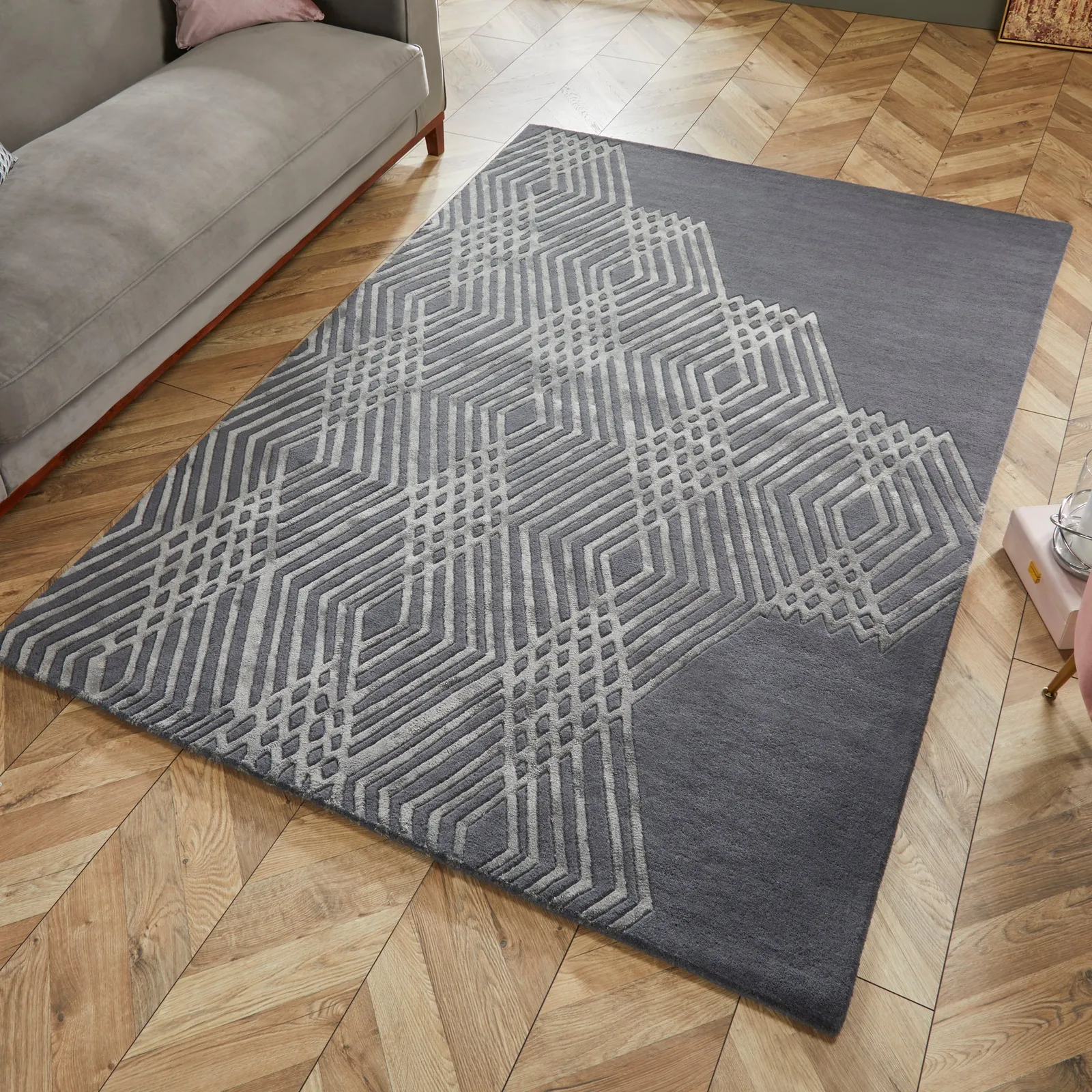 Diamonds Wool Rug Grey