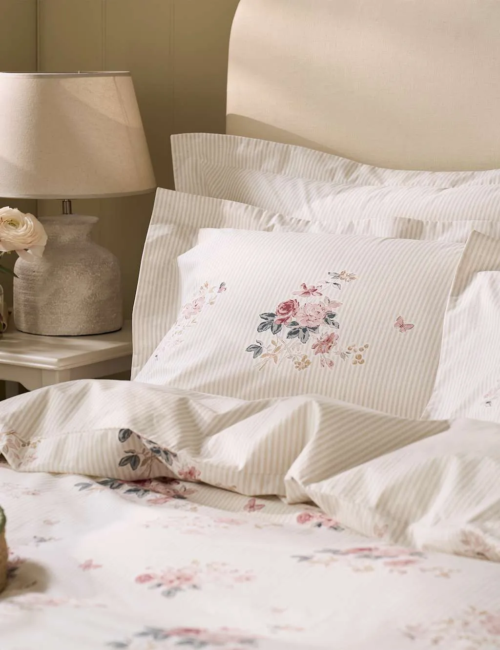 Sophie Allport 2 Pack Pure Cotton Vintage Rose Pillowcases Beige Mix