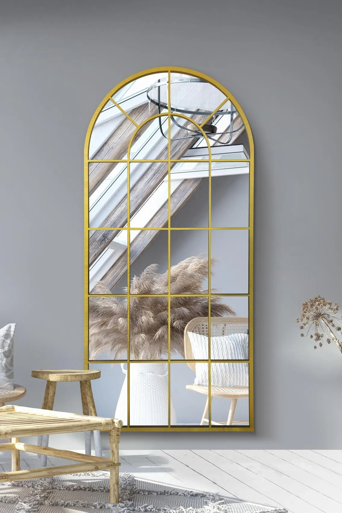 MirrorOutlet The Arcus Gold metal Arched Window Leaner / Wall Mirror 71" X 33.5" (180x85CM)