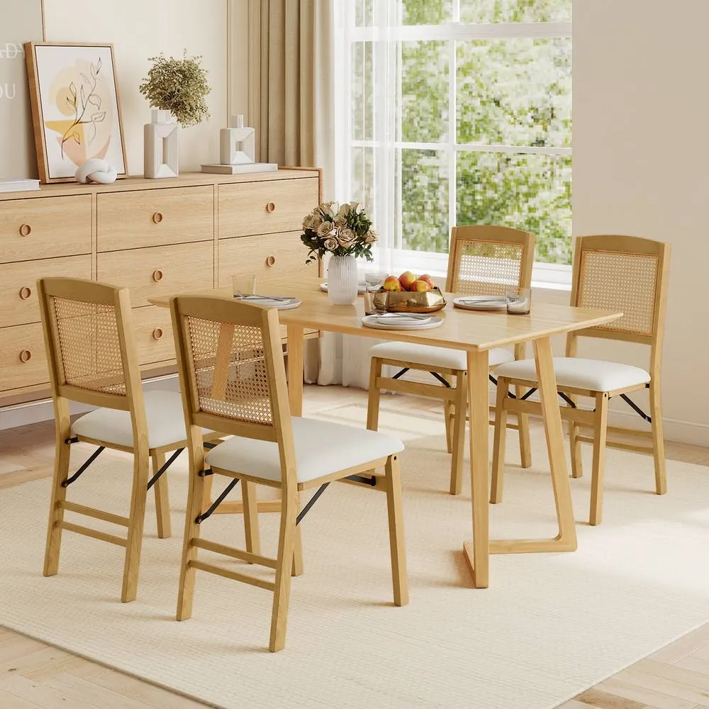 Costway 2PCS Folding Dining Chairs Rubber Wood Chairs w/ Linen Padded Seat in Natural 5