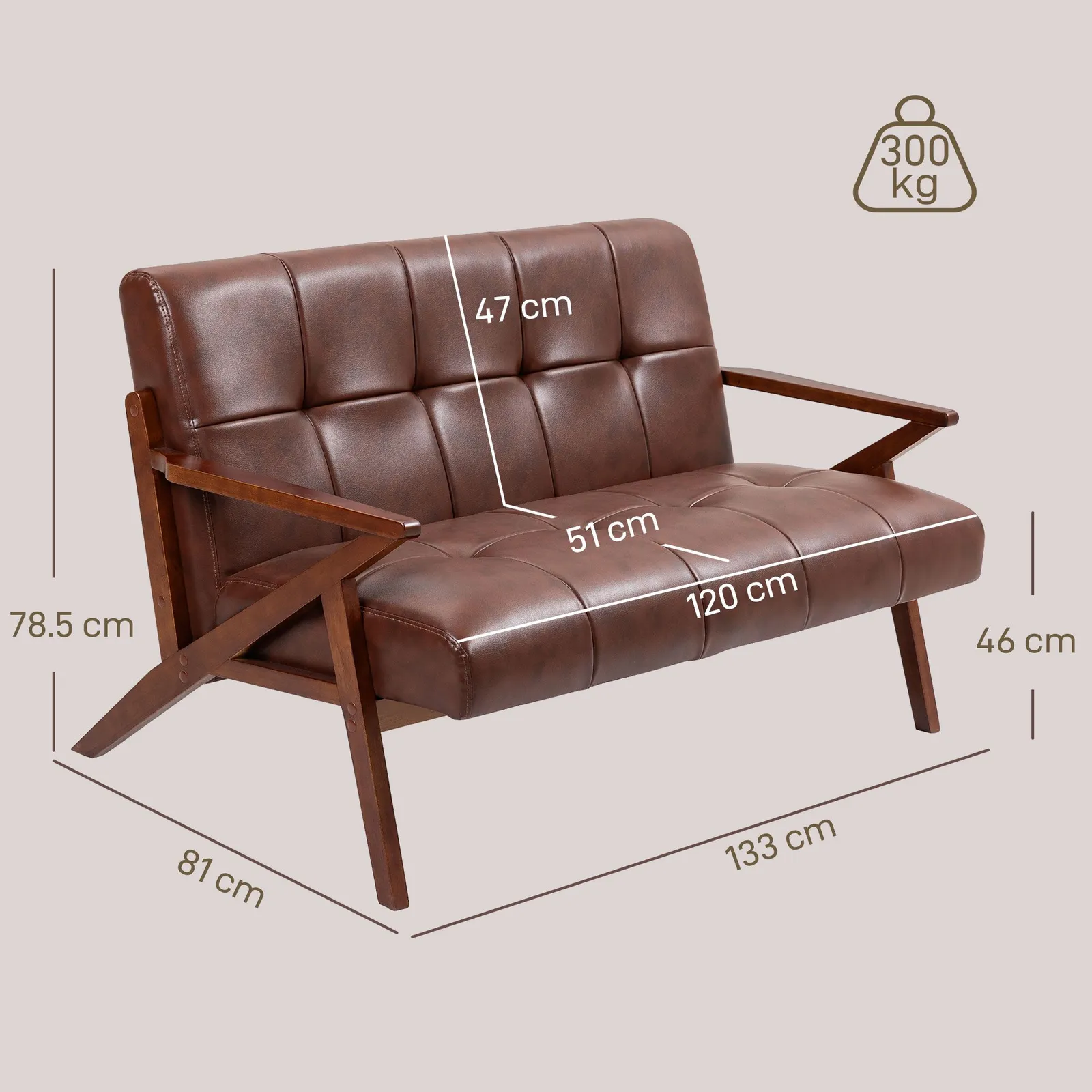 HOMCOM Compact Small Sofa with Solid Wood Frame, Vintage 2 Seater Sofa Brown 3
