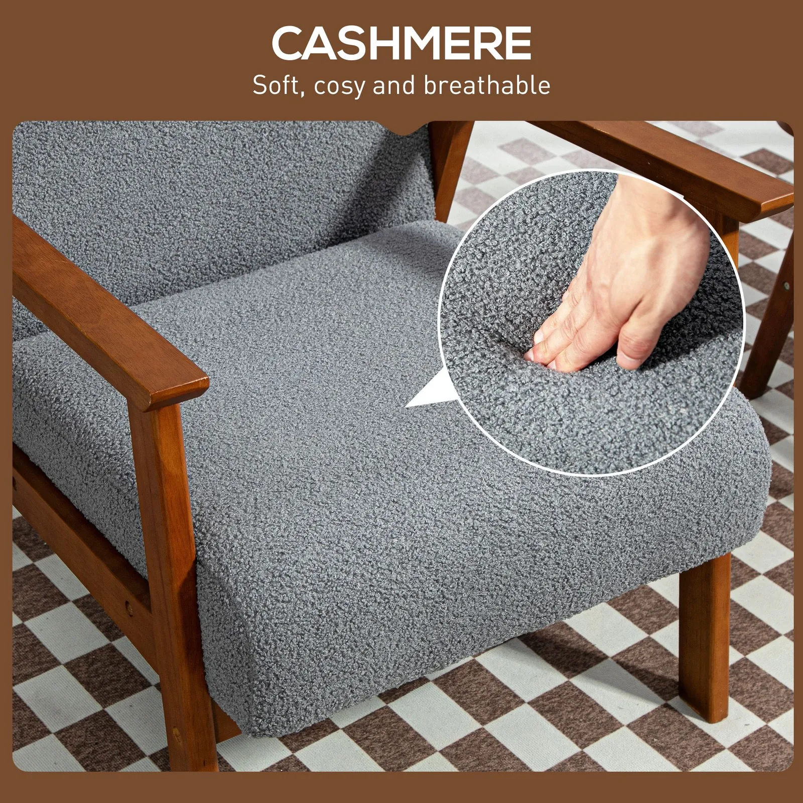 HOMCOM Boucle Accent Chair Armchair W/ Wide Seat for Living Room Bedroom in Grey 5