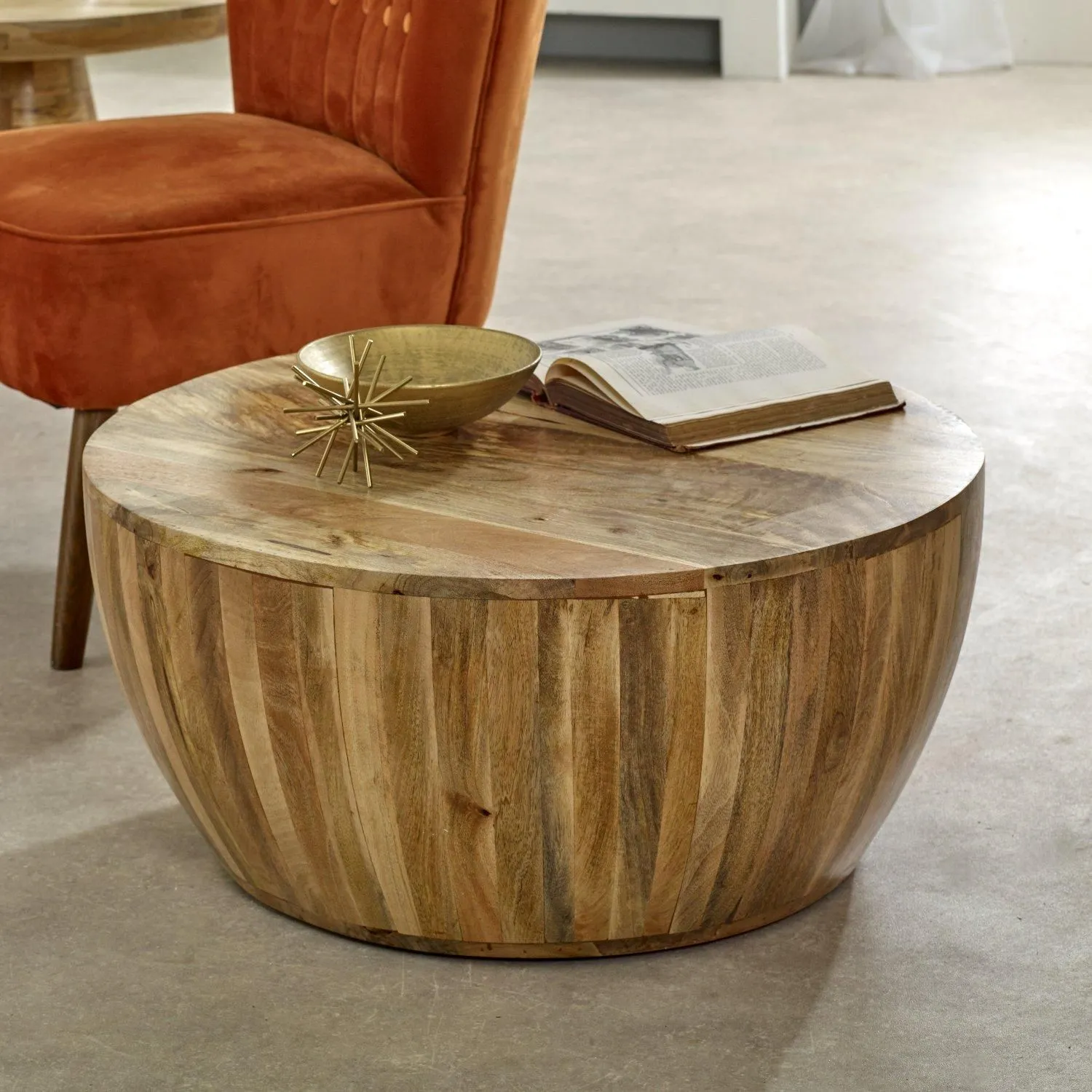 IH Design Bratton Mango Wooden Drum Coffee Table in Brown
