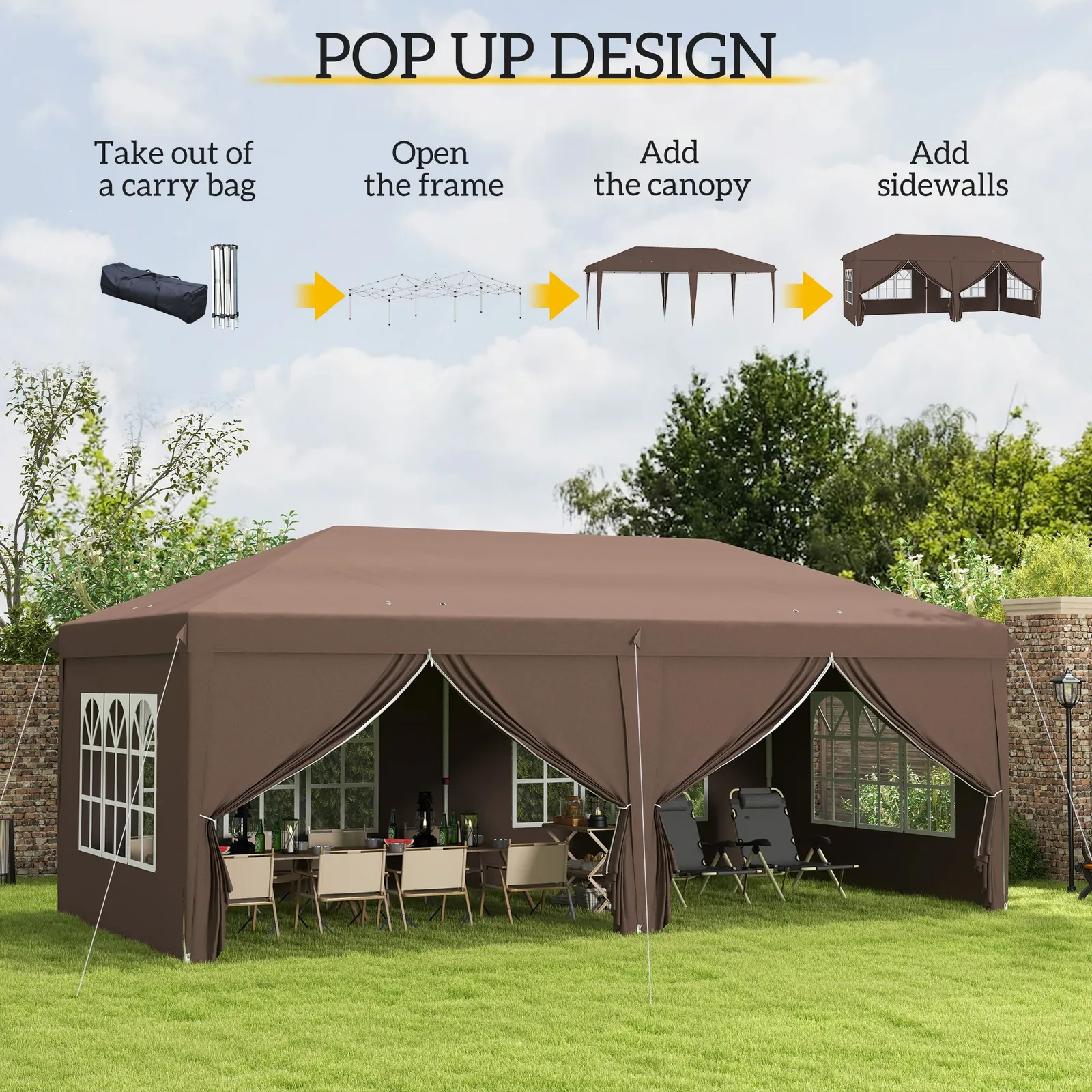 OUTSUNNY 3 x 6 m Pop Up Gazebo with Sides & Windows in Brown 4