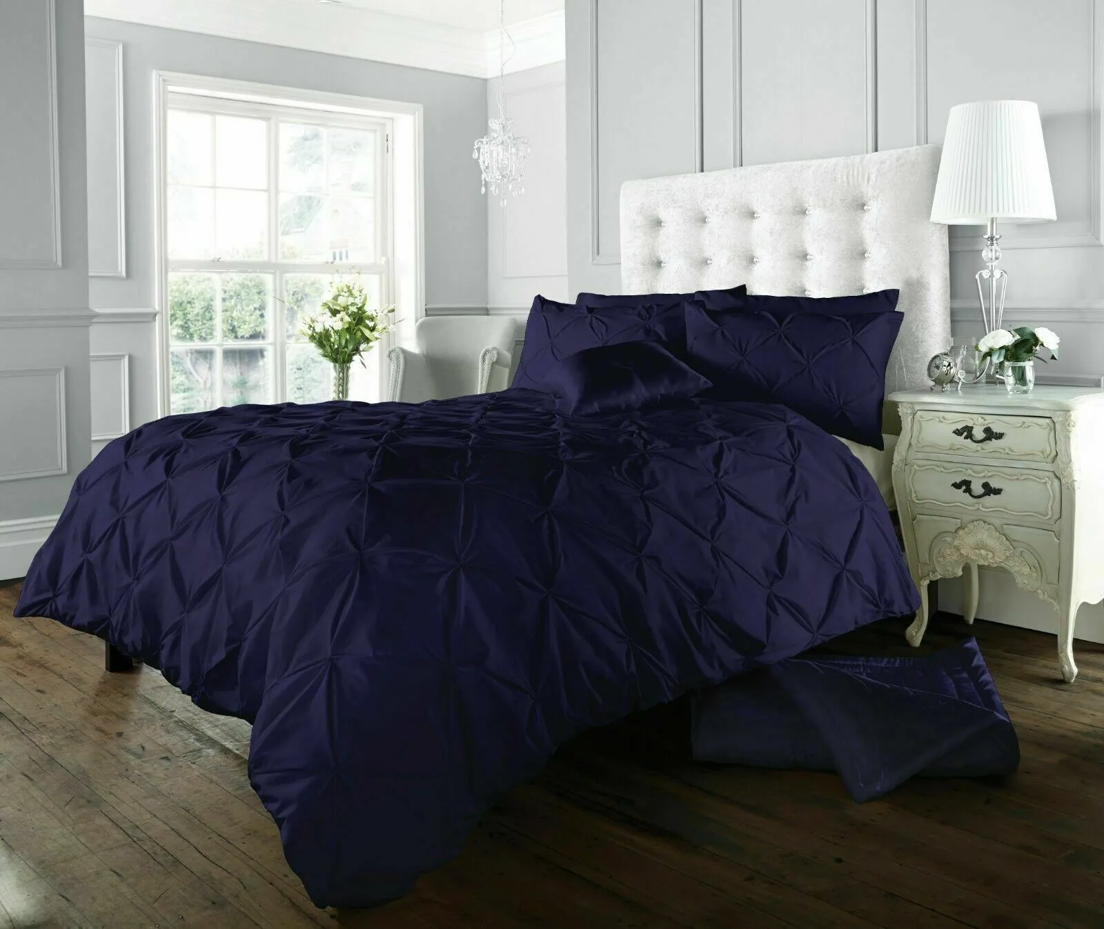 Smart Living Polycotton Pintuck Duvet Cover With Pillowcases in Navy 1