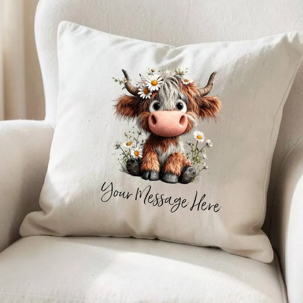 Aye Do Gifts Daisy Highland Cow Personalised Cushion in Beige