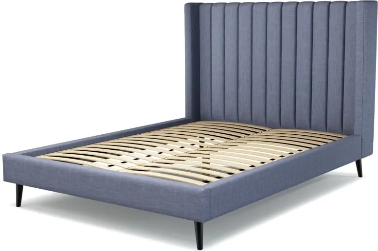 Cory King Size Bed, Denim Cotton with Black Stain Oak Legs