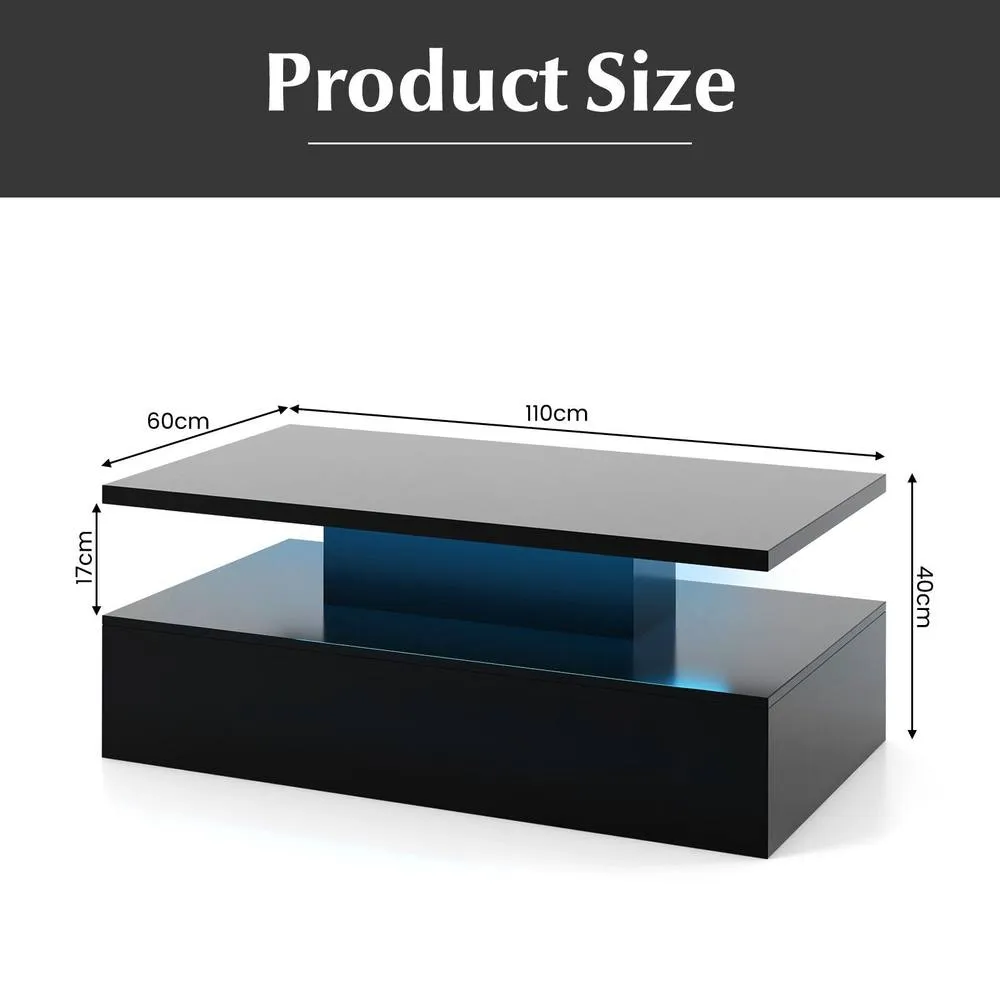 Costway Modern 2Tier Coffee Table Center Table w/ Adjustable LED light in Black 2