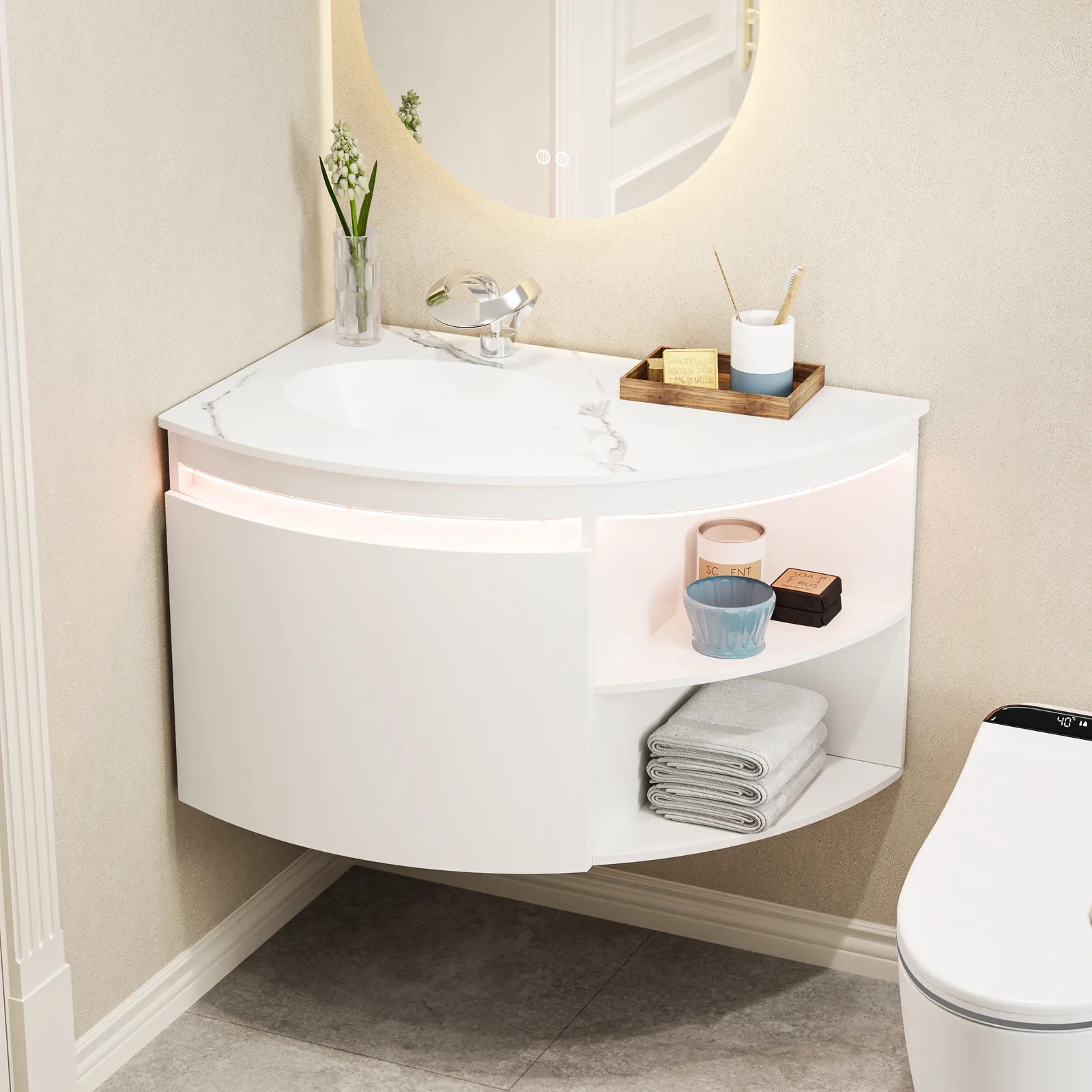 90 cm Corner Bathroom Vanity with Storage & LED Sensor Light
