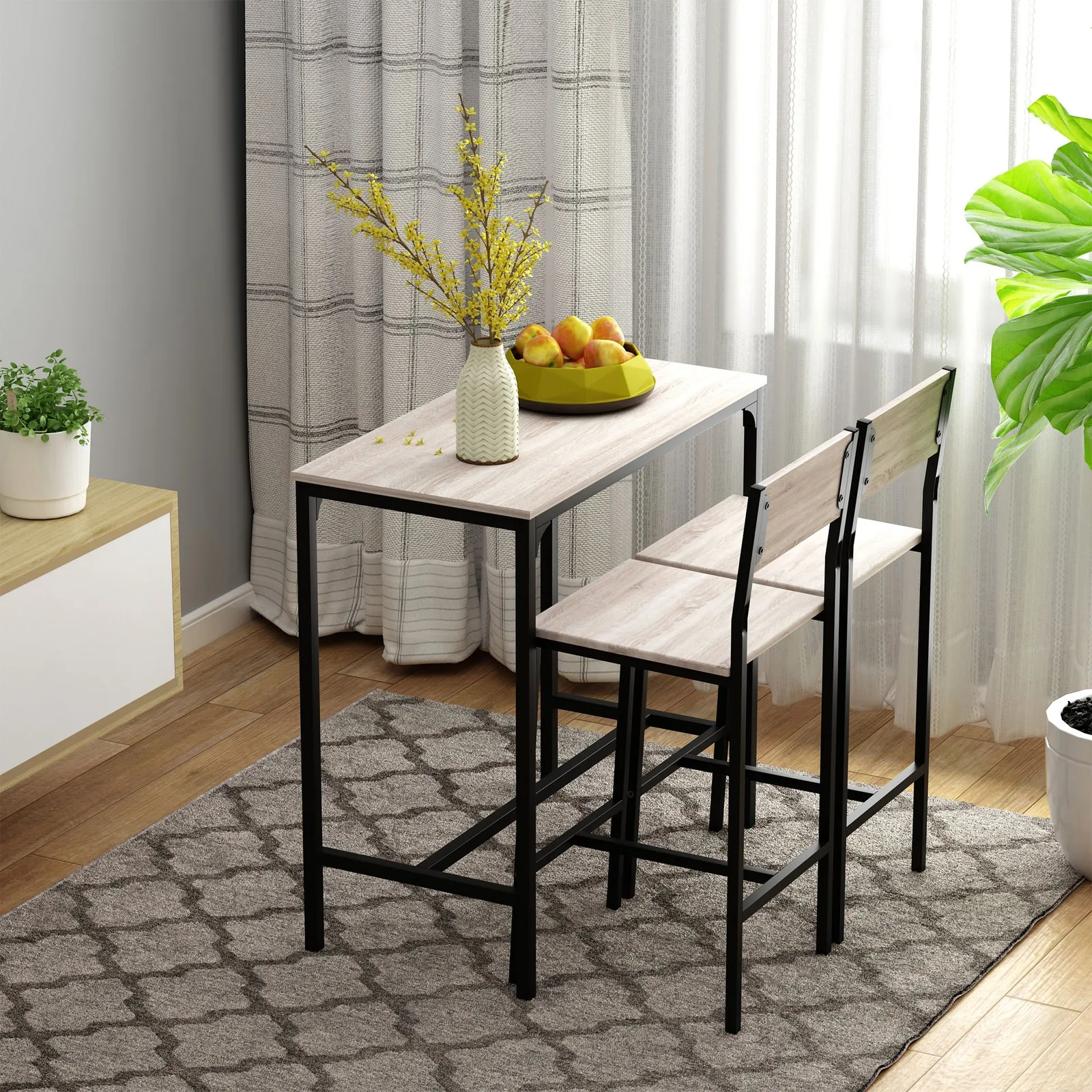 HOMCOM 3 Pieces Table Stool Set Industrial Design Metal Frame MDF Panels in Light Brown