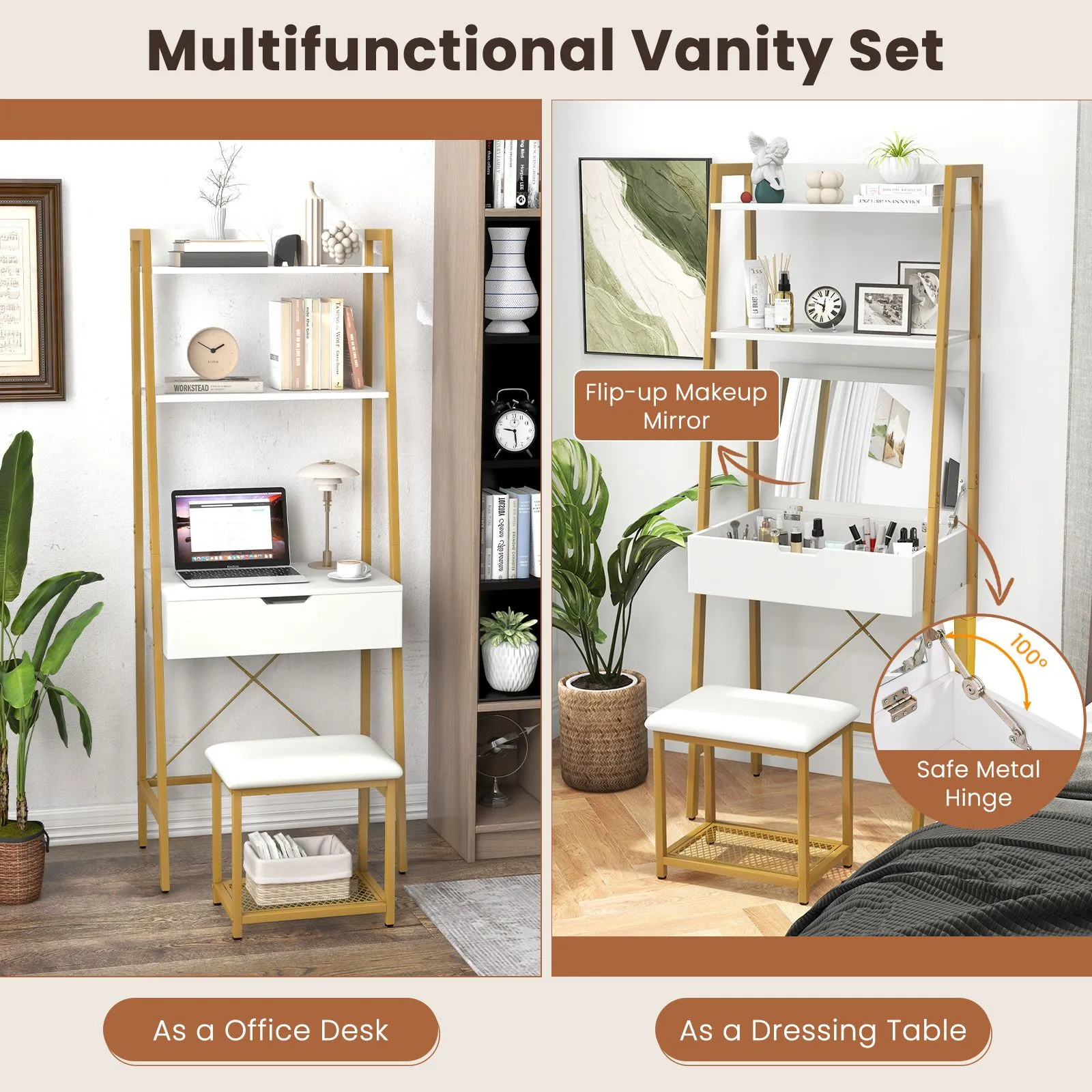 Costway 3 IN 1 Vanity Dressing Table Set Book Storage Shelf Ladder Desk Cushioned Stool in Natural 5