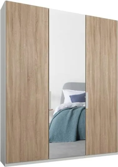 Caren 3 door 150cm Hinged Wardrobe, White Frame, Oak & Mirror Doors, Premium Interior