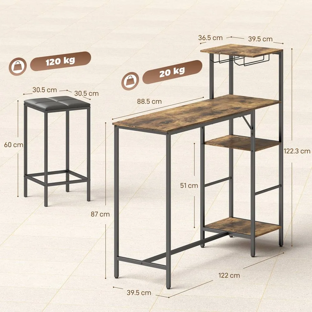 HOMCOM 3Pcs Breakfast Bar Table & Stools Set 4-tier shelving in Brown 3
