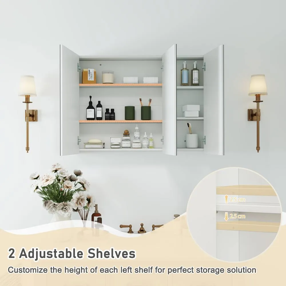 Costway Bathroom Mirror Cabinet with 3 Doors Wall Mounted in White 6