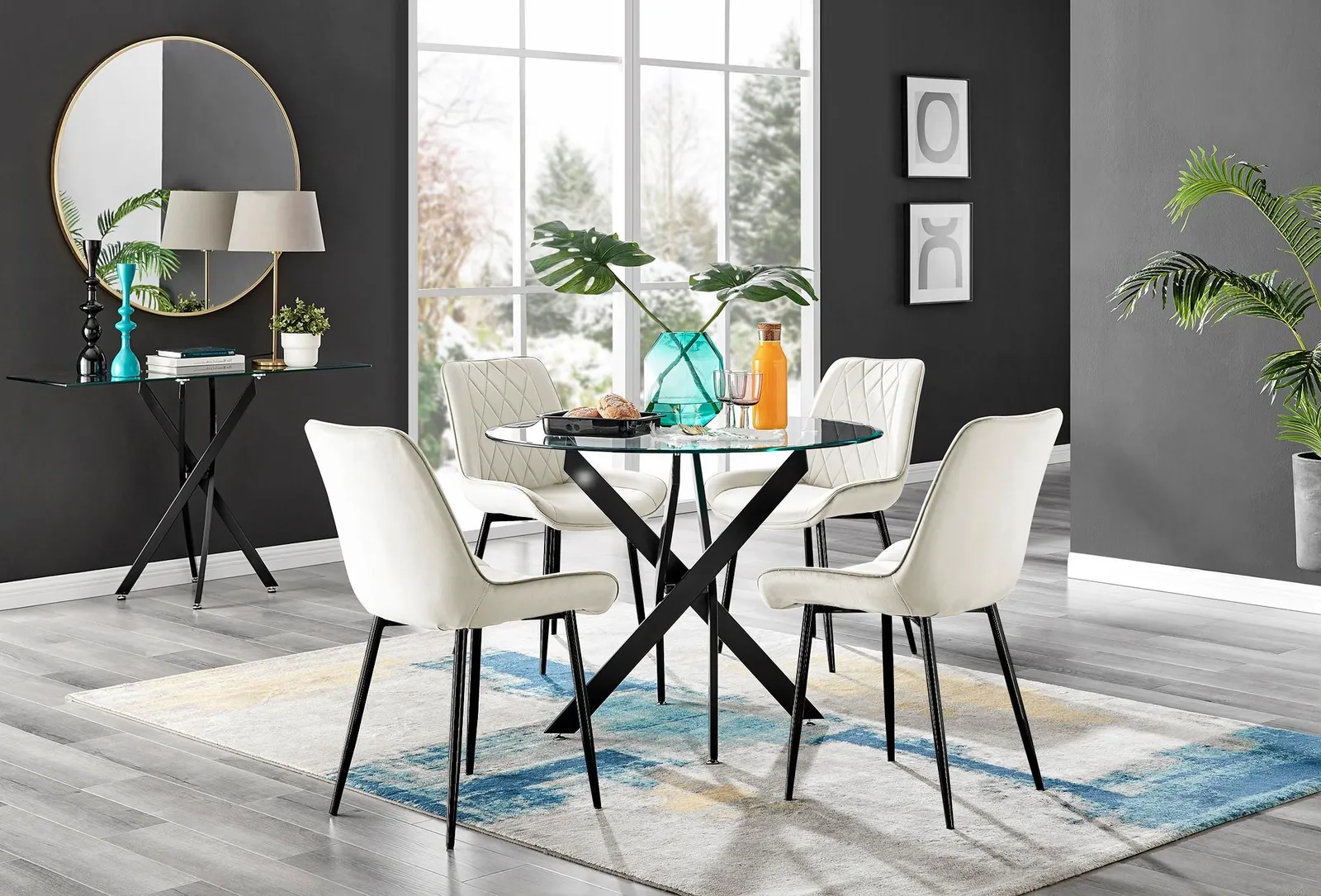 FurnitureboxUK Novara 4 Seater Black Leg Round Glass Dining Table & 4 Pesaro Soft Velvet Black Leg Chairs in Cream 1