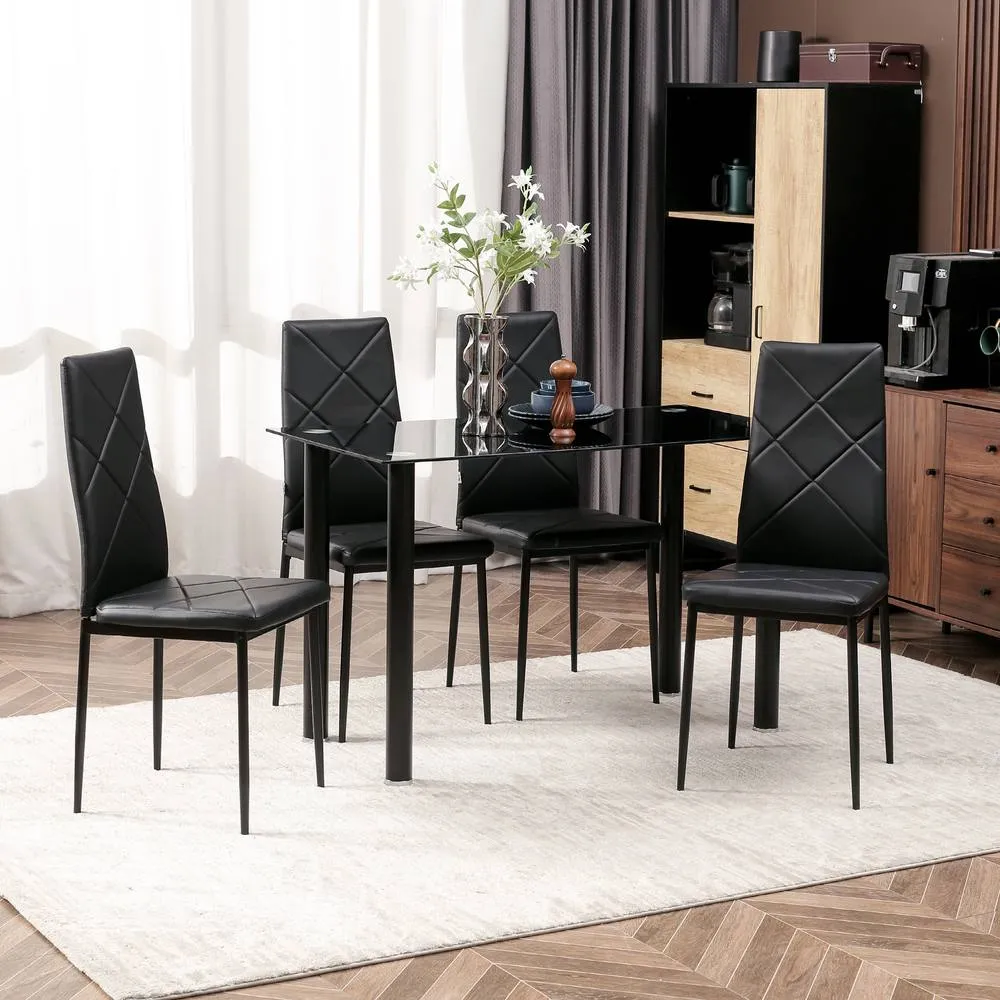 HOMCOM Dining Table & Chairs Set 4 with Padded Seat & Tempered Glass in Black 2