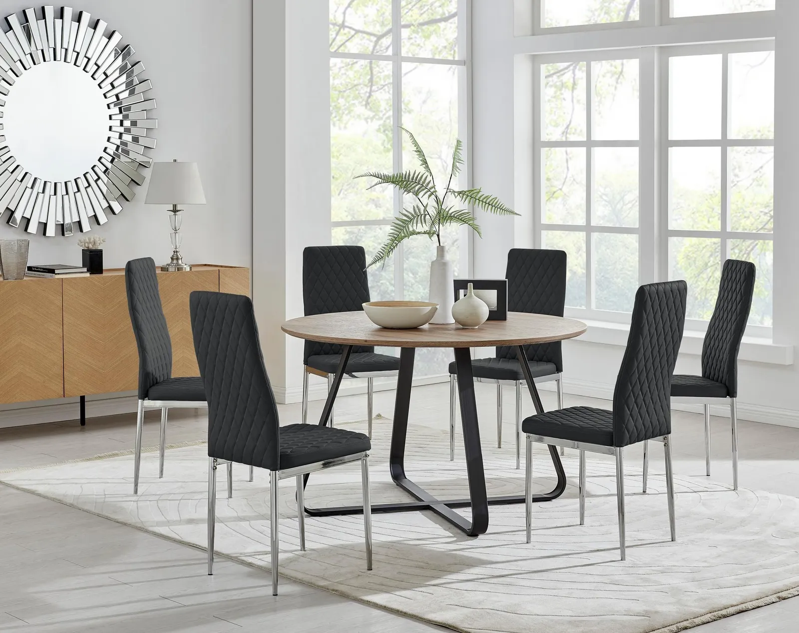 FurnitureboxUK Santorini Brown Wood Effect Dining Table & 6 Milan Chrome Leg Chairs in Black 1