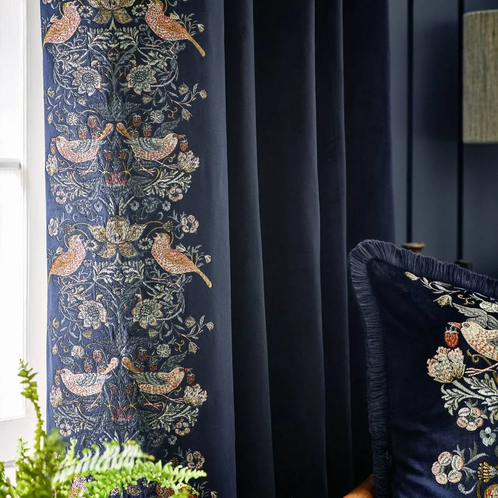 Morris & Co Strawberry Thief Embroidered Velvet Room Darkening Pencil Pleat Curtain Pair in Indigo 4