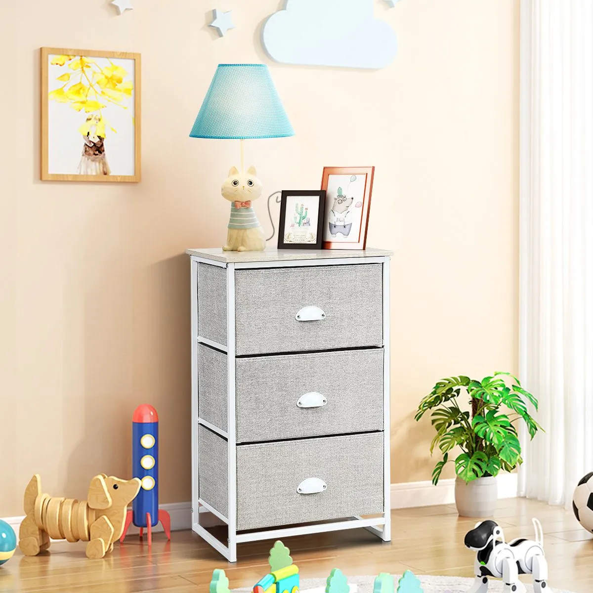 Costway 3-Drawer Fabric Dresser Metal Frame Chest of Drawers Nightstand 3