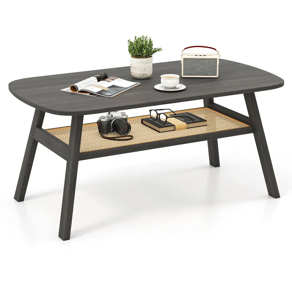 Costway 2-Tier Coffee Table Rectangular Center Table w/Storage Shelf-Black in Dark Grey 2