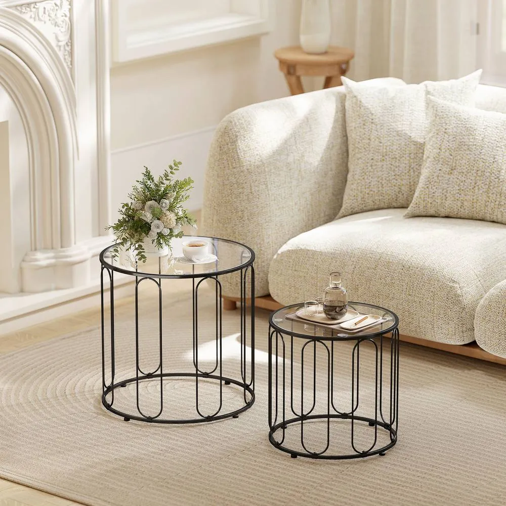 HOMCOM Coffee Table Set of 2, Nest of Tables with Metal Frame, Black