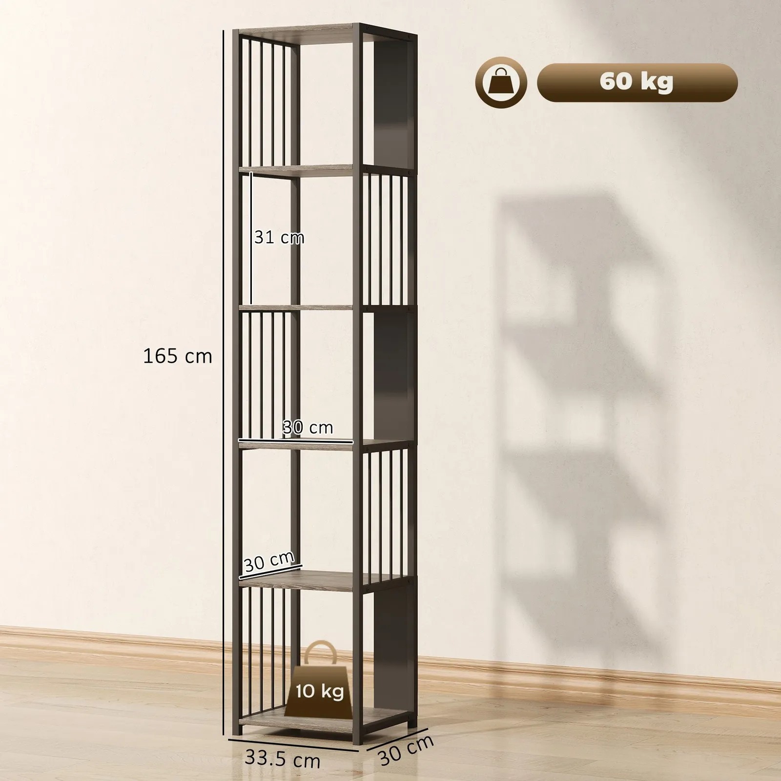 HOMCOM 5-Tier Bookshelf, Freestanding Display Storage Unit, Grey 3