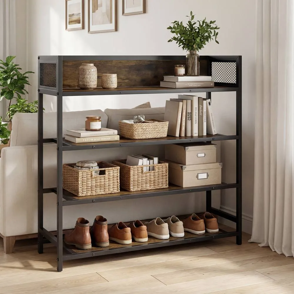 Costway Industrial Shoe Organizer with Metal Frame in Brown 4