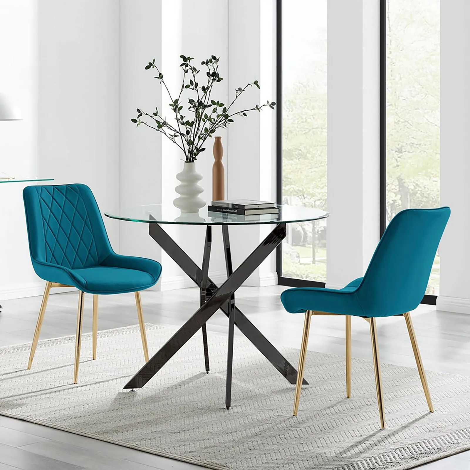 FurnitureboxUK Novara 100cm Round Black Leg Dining Table & 2 Pesaro Gold Leg Chairs in Blue