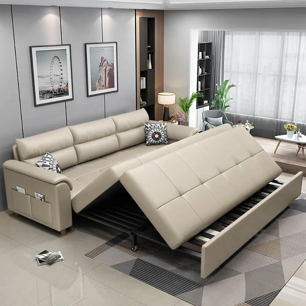 188 cm 2-Seater Faux Leather Pull-out Sleeper Sofa with Storage and Side Pockets
