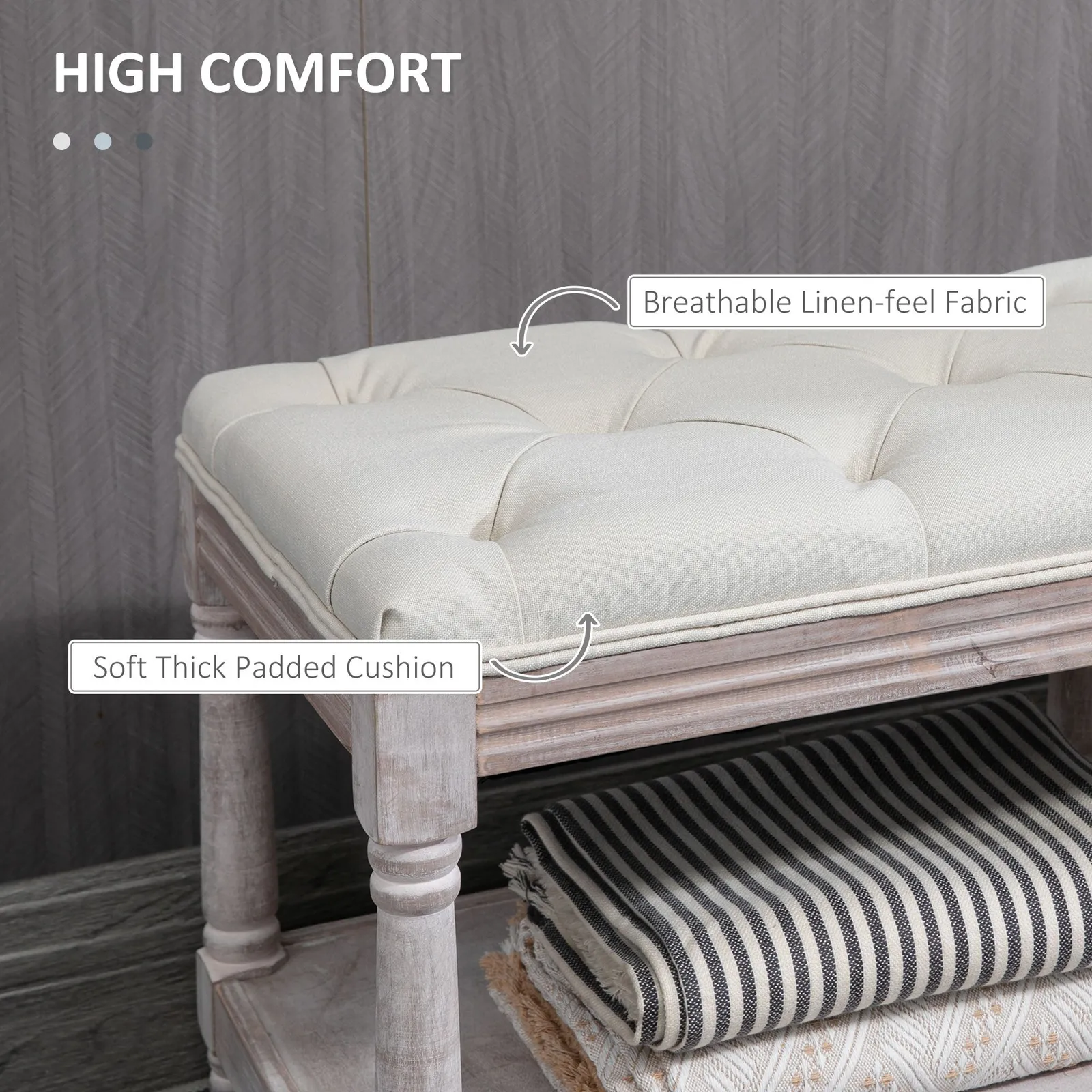 HOMCOM Rack Bench w/ Button Tufted Seat Cushion for Living Room Hallway Bedroom in Cream 6