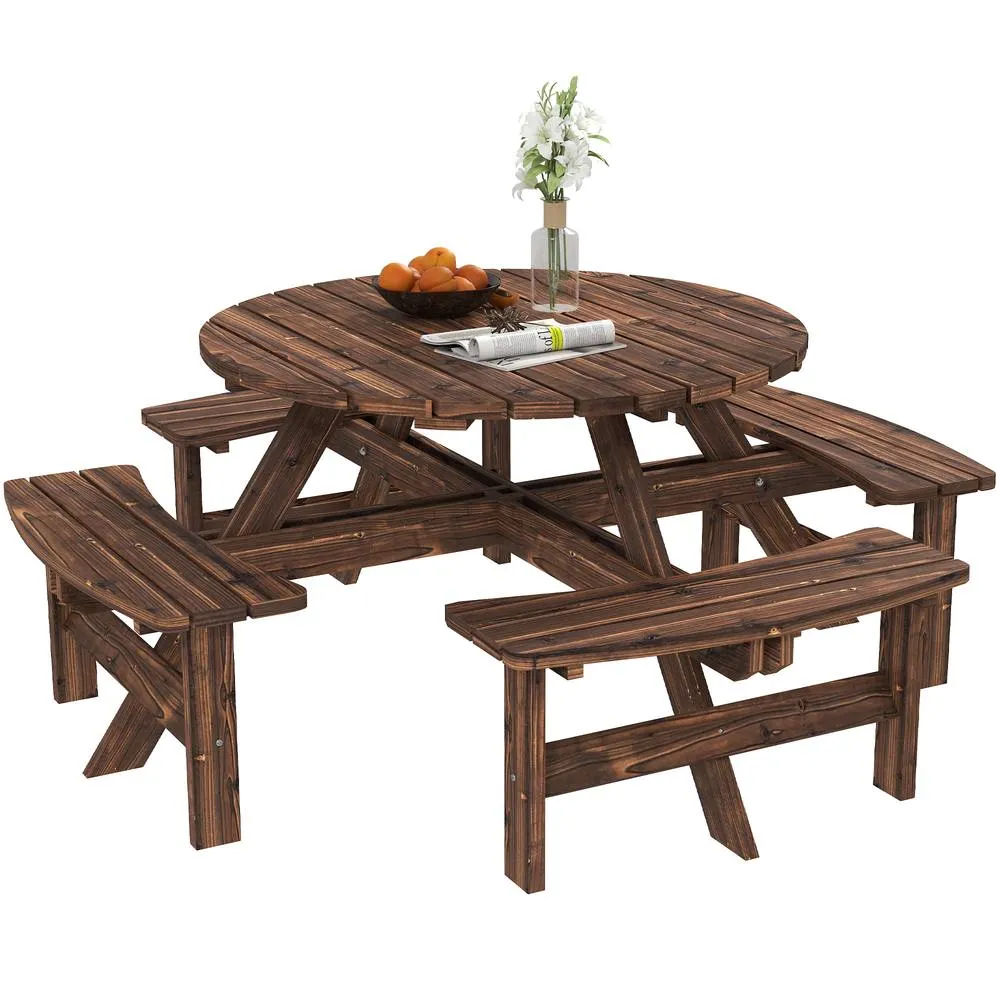 OUTSUNNY Wooden Garden Dining Set with Parasol Hole for Outdoor in Dark Brown 2