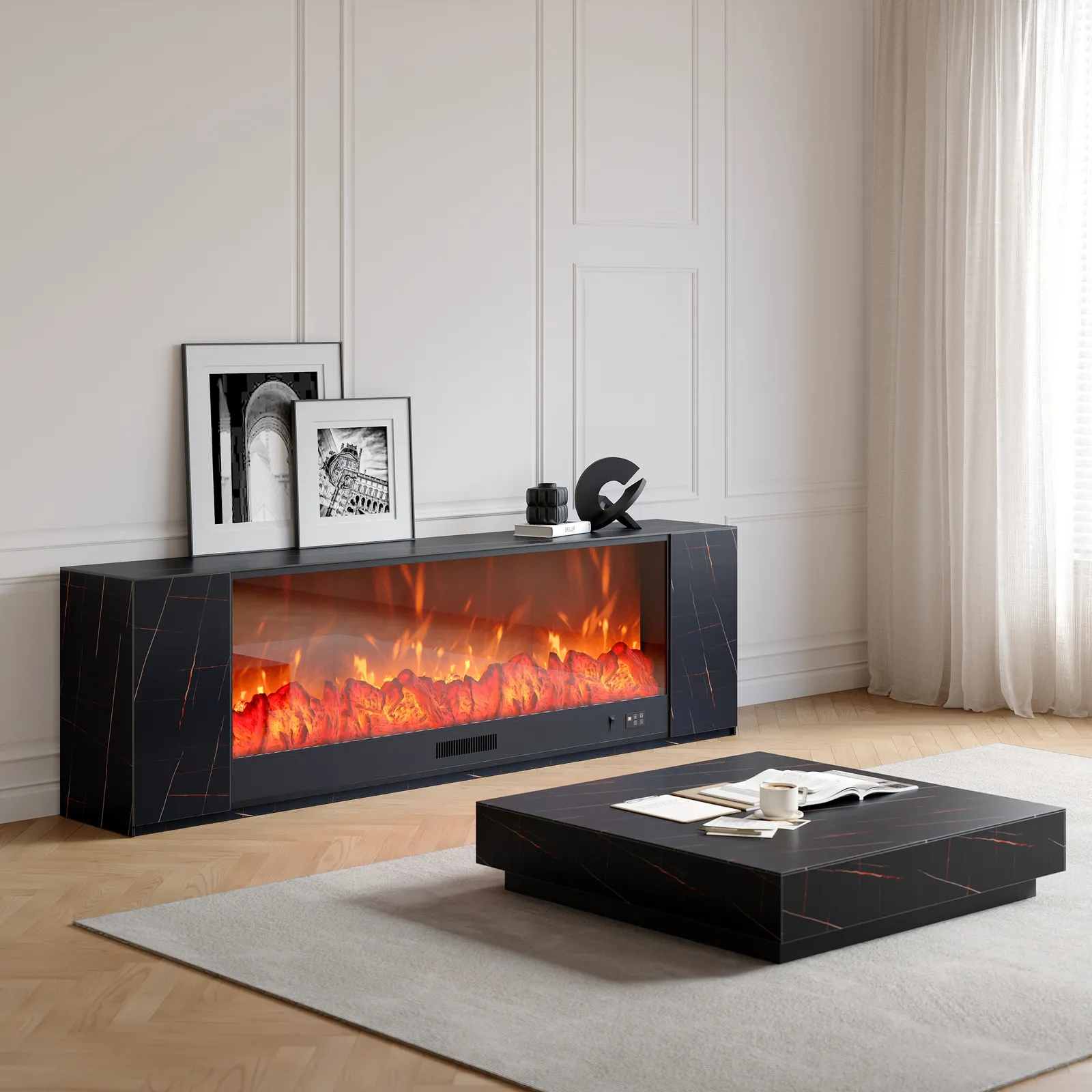 87" Sintered Stone Electric Fireplace TV Stand & Coffee Table Set