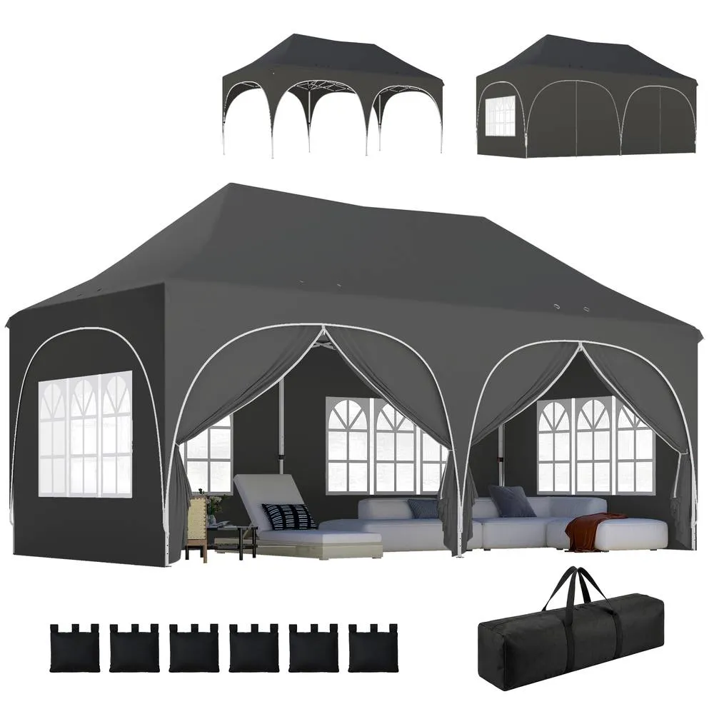 OUTSUNNY 3 x 6m Pop Up Gazebo with Sides, Peak Top Garden Party Tent Marquee in Dark Grey 2