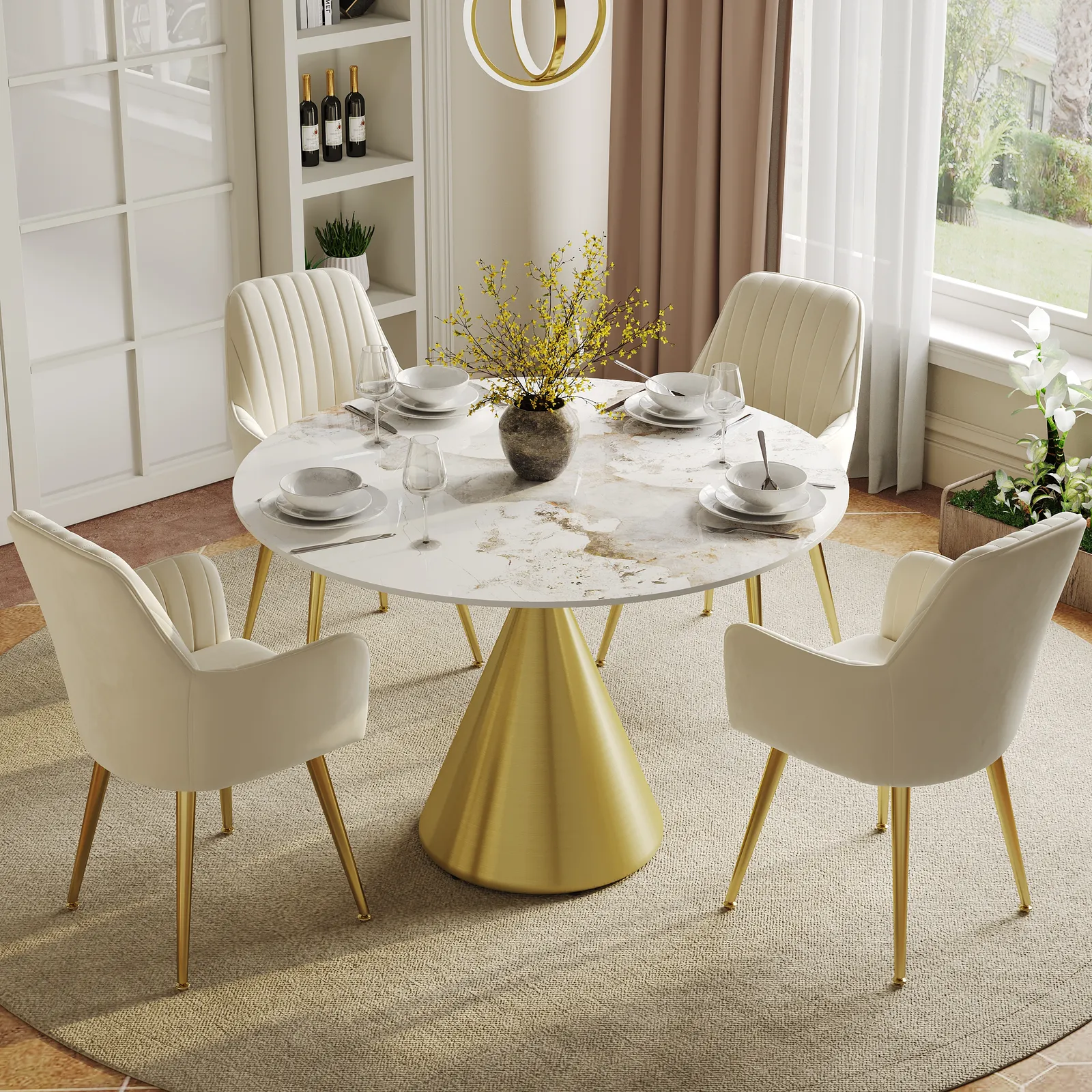 100 cm Sintered Stone Round Dining Table with Brushed Gold Base Seats 2-4 People