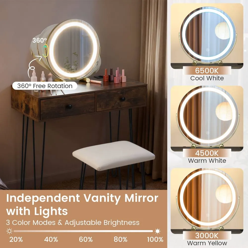 Costway Vanity Desk & Stool Set Makeup Dressing Table w/ Mirror & Lights in Brown 4
