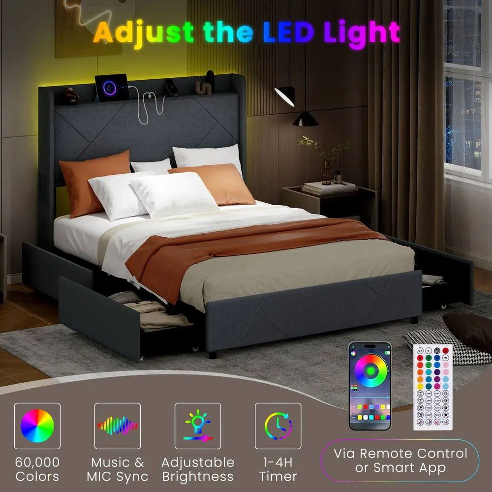Costway Double Size Bed Frame with Lights & Charging Grey 5